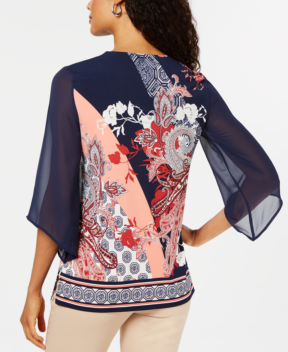 JM Collection Women's V Neck Printed Chiffon Sleeve Top Blue Size L