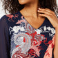JM Collection Women's V Neck Printed Chiffon Sleeve Top Blue Size L