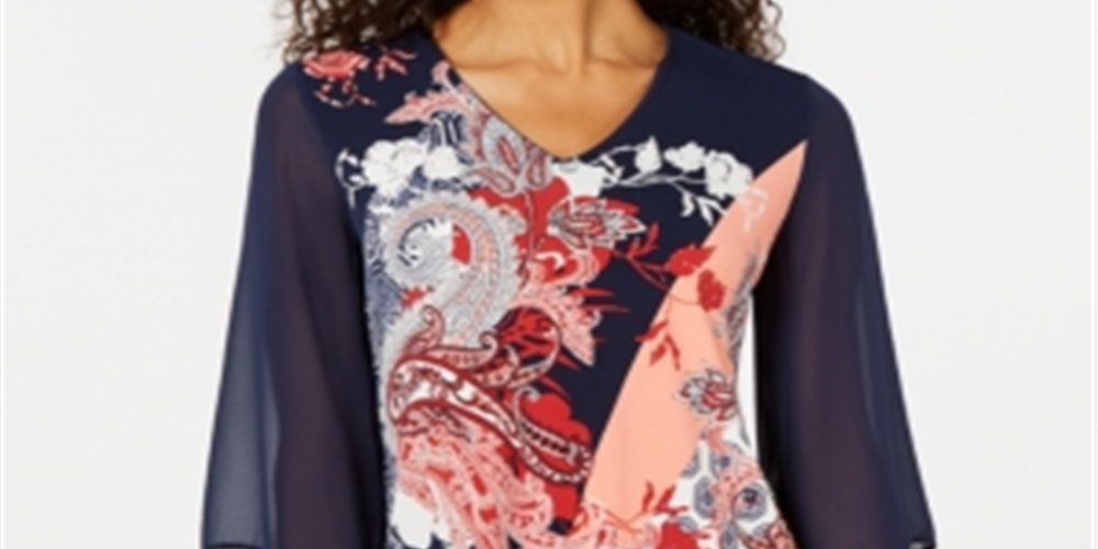 JM Collection Women's V Neck Printed Chiffon Sleeve Top Blue Size L