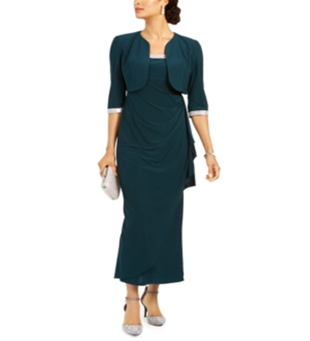 R & M Richards Women's Cropped Jacket & Ruffled Gown Green Size 10