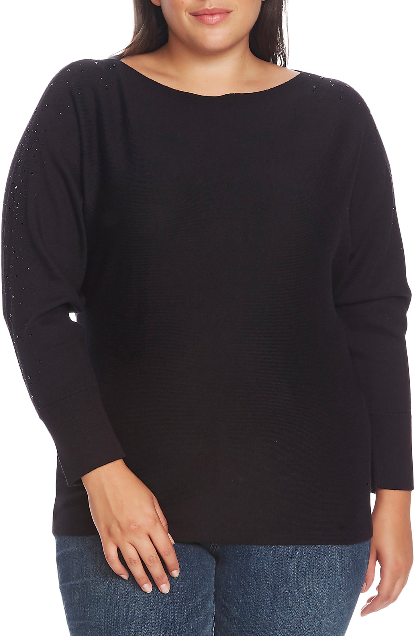 Vince Camuto Women's Plus Embellished Long Sleeves Pullover Sweater Black Size 1X