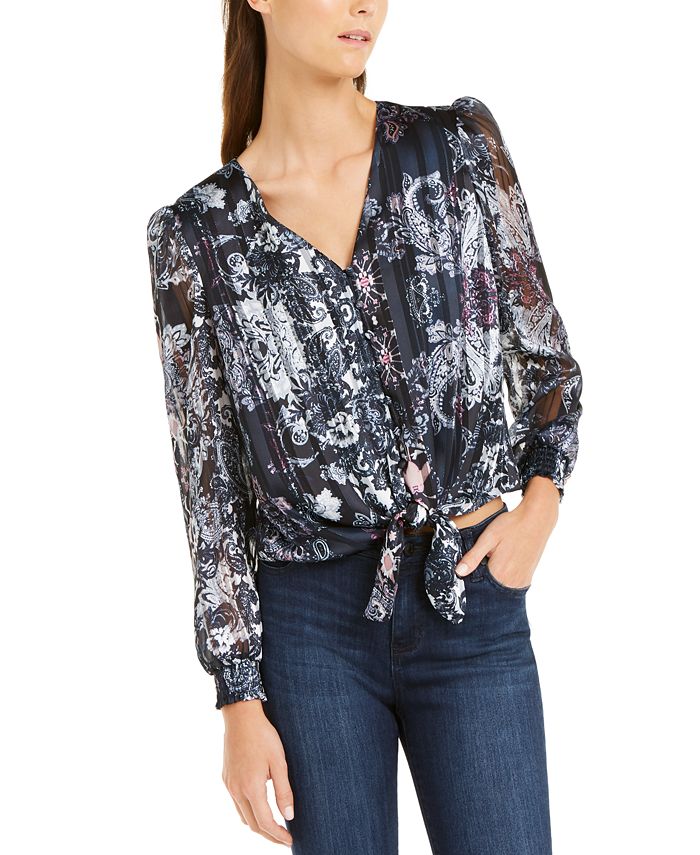 INC Iternational Concepts Women's Printed Tie Hem Blouse Dark Blue Size -Petite L