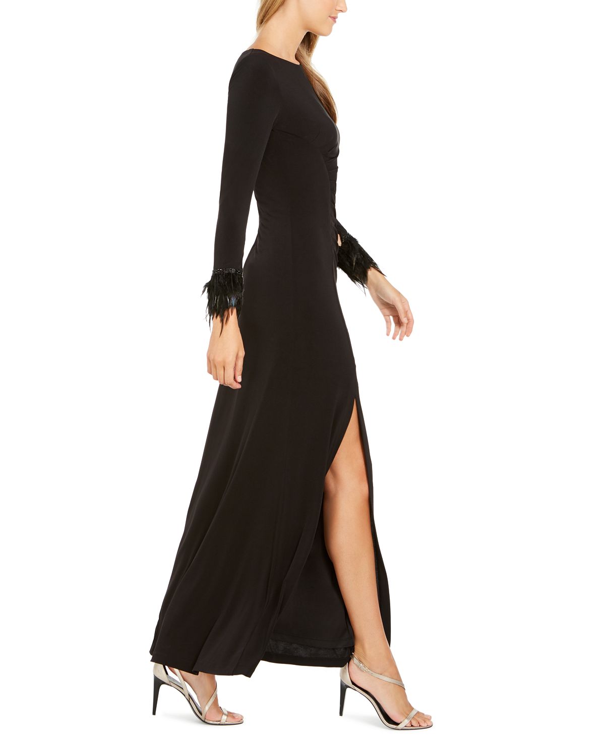 Calvin Klein Women's Feather Cuffs Ruched Evening Gown Black Size 12