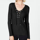 INC Iternational Concepts Women's Lace up Ribbed Knit Sweater Black Size Petite Small