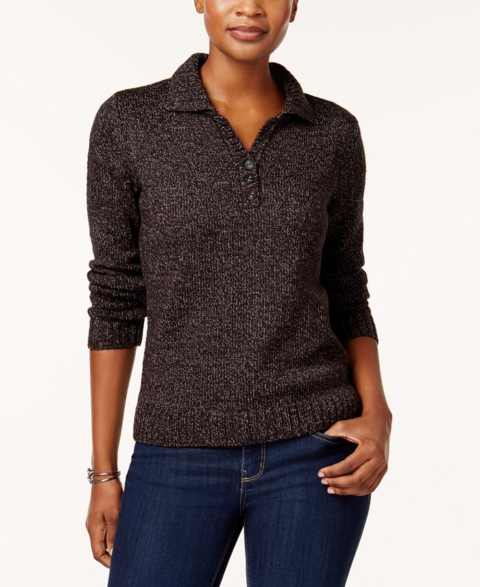 Karen Scott Women's Point Collar Marled Sweater Black Size Large