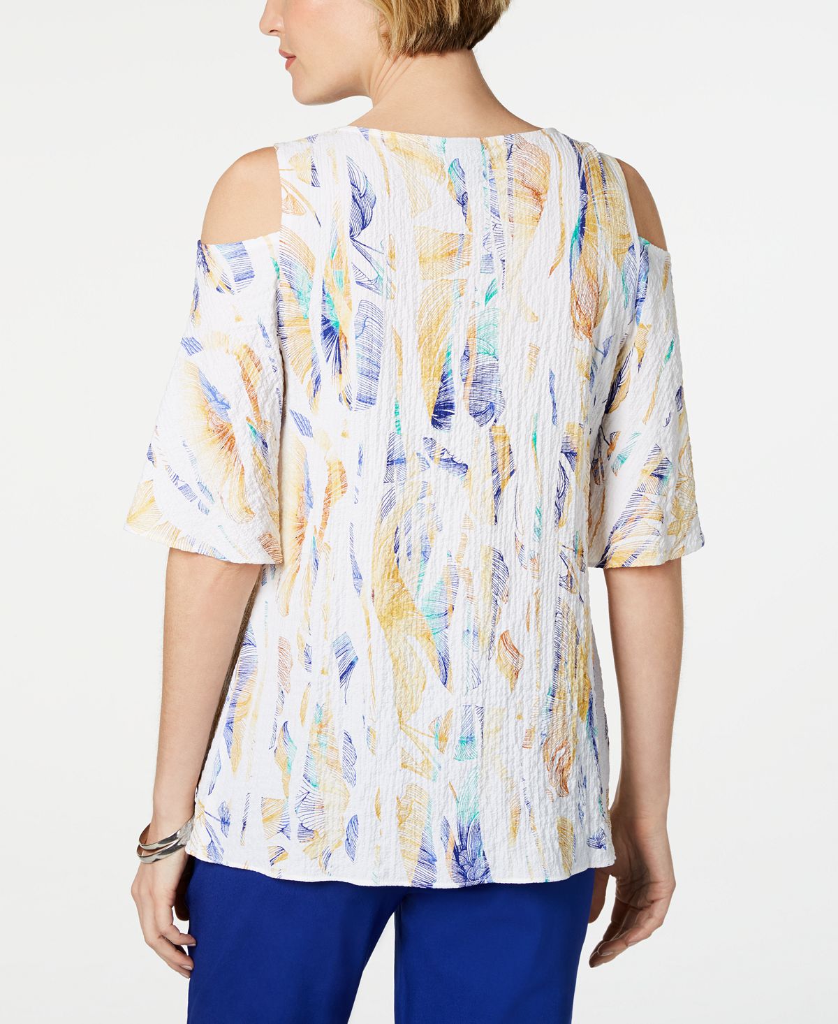 JM Collection Women's Printed Cold Shoulder Crinkle Texture Top White Size Large