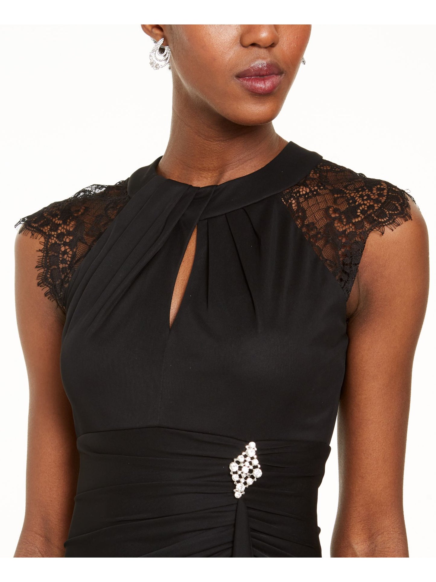Betsy & Adam Women's Lace Sleeve Drape Front Gown Black Size 6