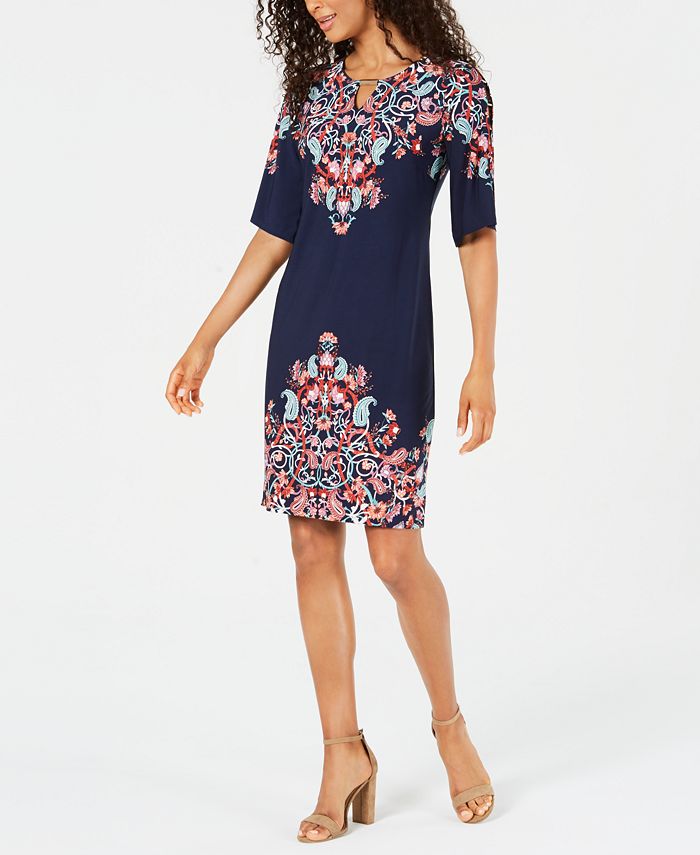 JM Collection Women's Floral Print Studded Dress Blue Size Large