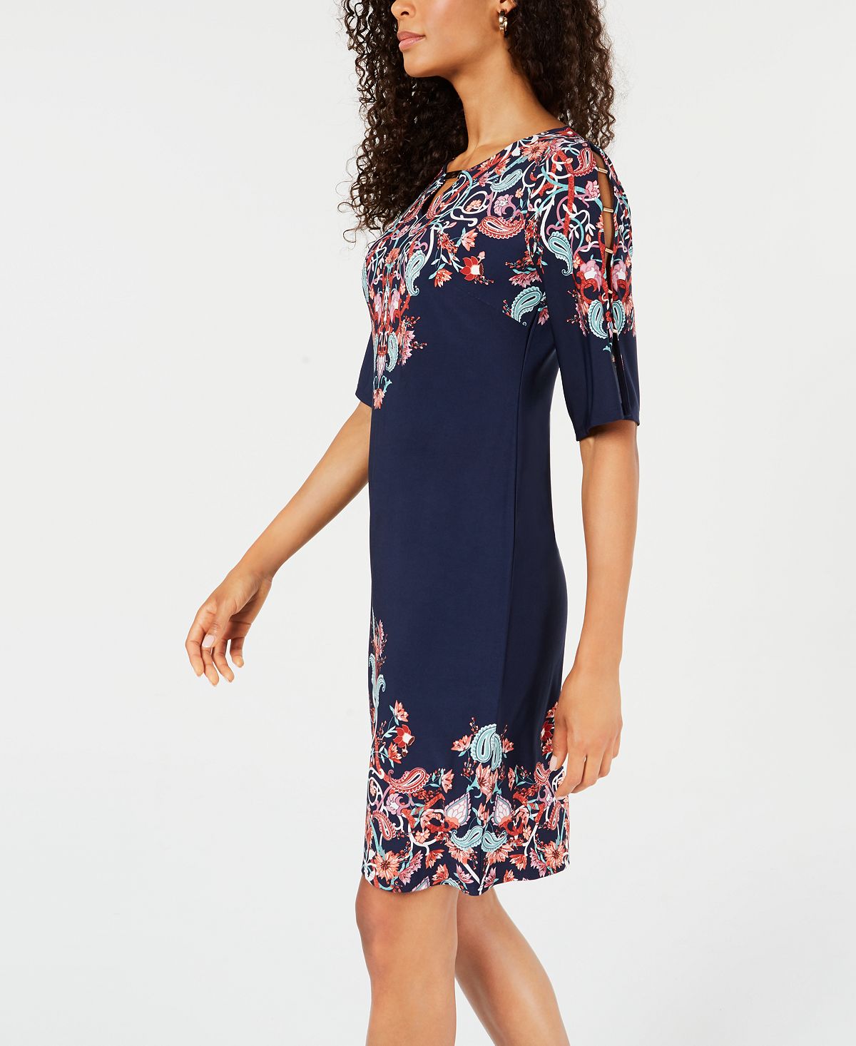 JM Collection Women's Floral Print Studded Dress Blue Size Large