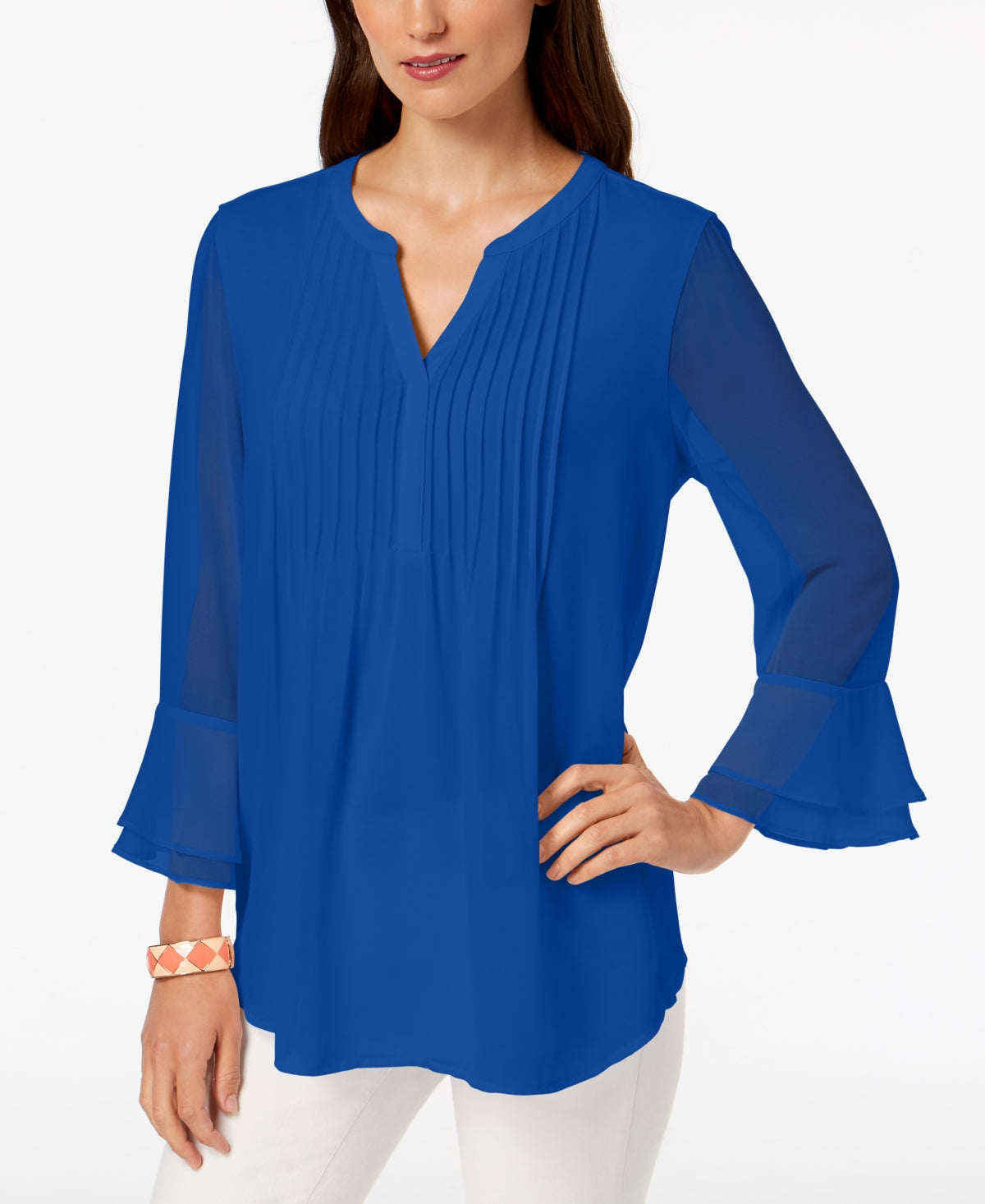 Charter Club Women's Double Ruffle Solid Pintuck Top Blue Size XX-Large