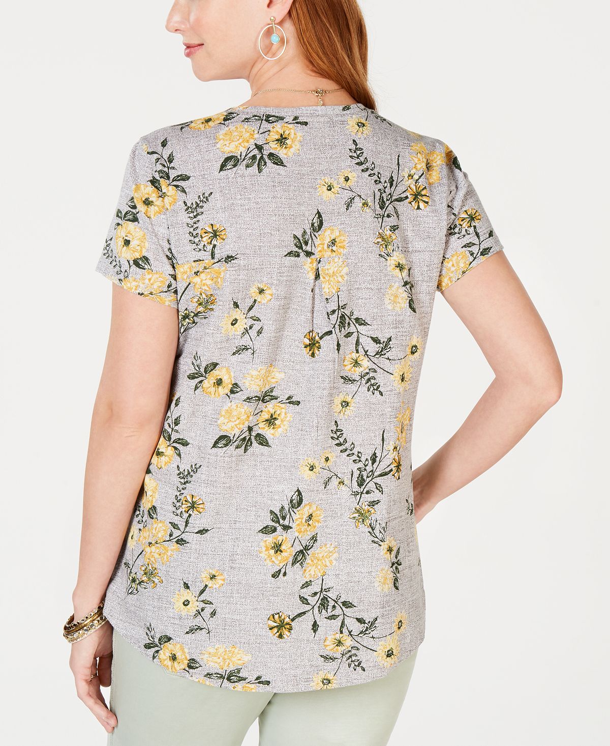 Style & Co Women's Cotton Floral-Print Top Gray Size Small