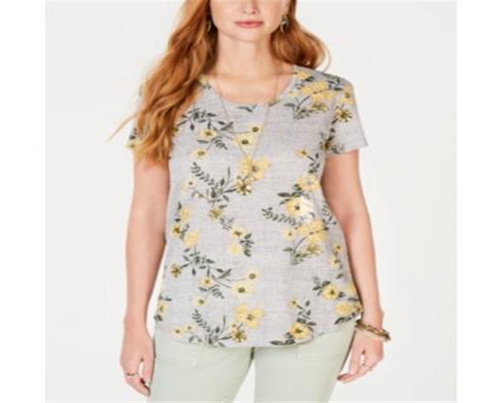 Style & Co Women's Cotton Floral-Print Top Gray Size Small