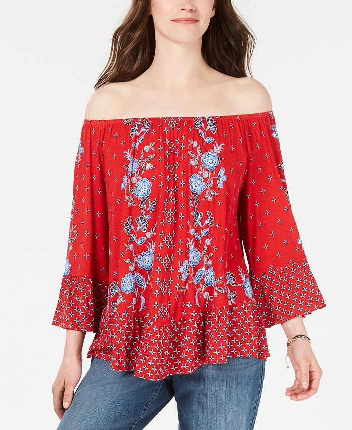 Style & Co Women's Printed Off the Shoulder Top Red Size PP