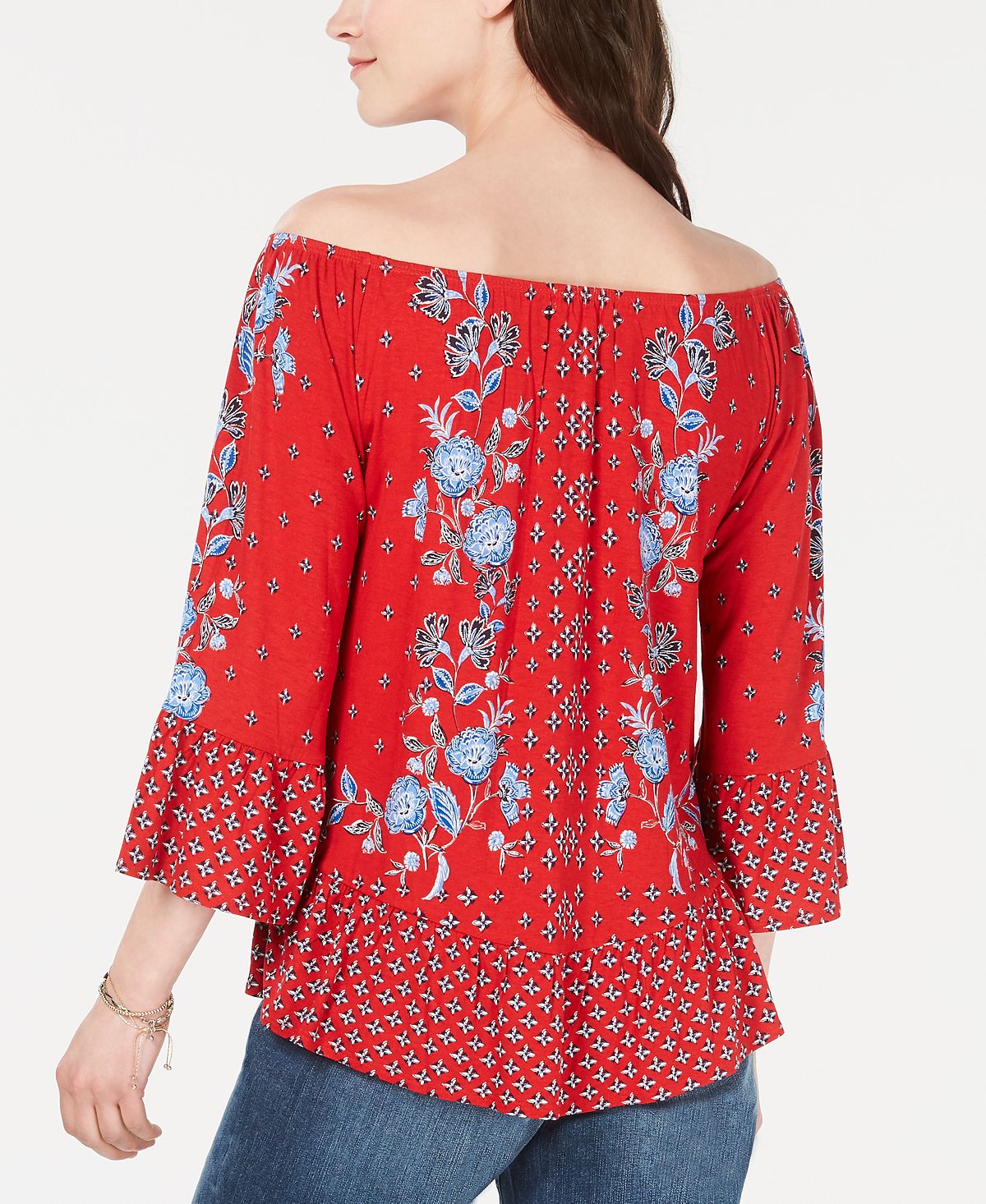 Style & Co Women's Printed Off the Shoulder Top Red Size PP