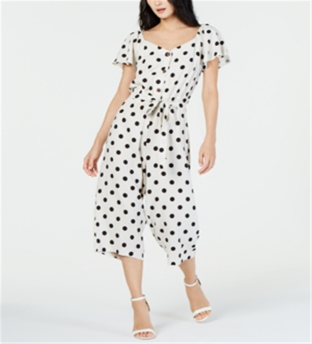 Monteau Women's Polka Dot Flutter Sleeve Jumpsuit White Size Petite XL