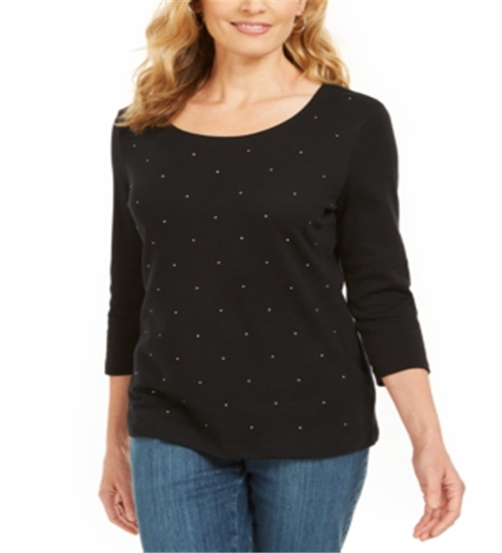 Karen Scott Women's Petite Studded Top  Black Size Petite M