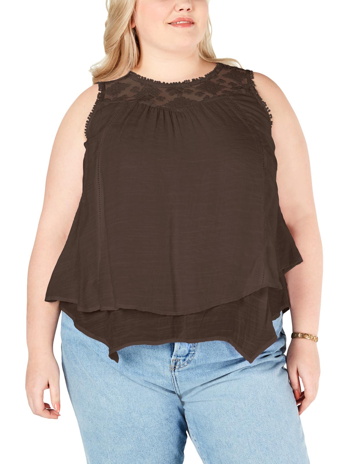 Style & Co Women's Lace Yoke Blouse Brown Size 0X