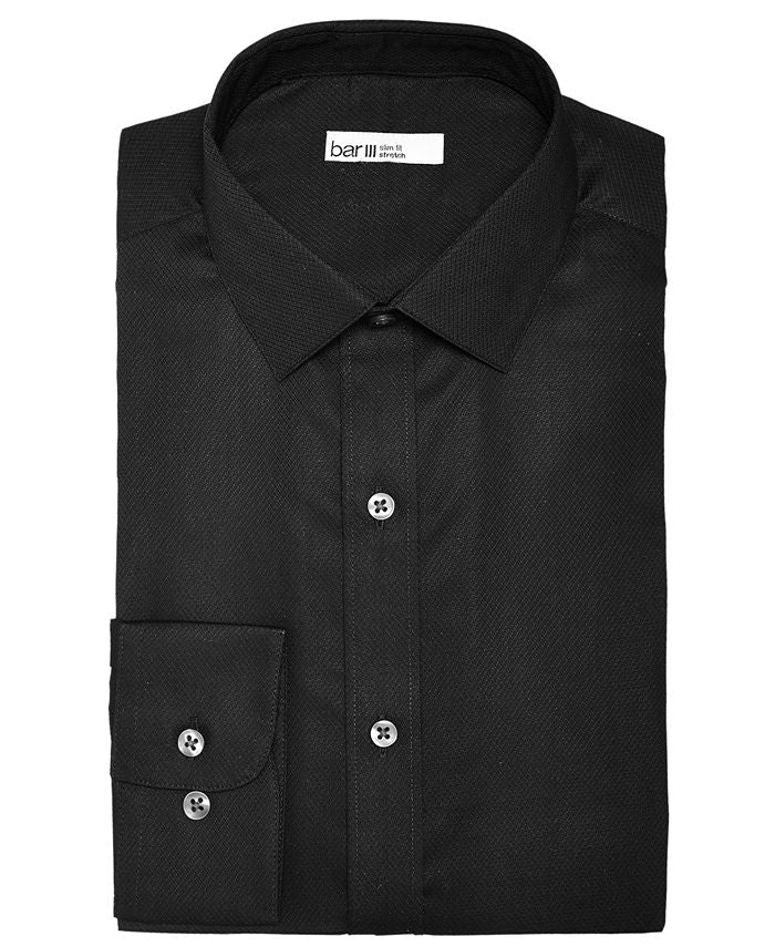 Bar III Men's Slim Fit Stretch Easy Care Textural Solid Dress Shirt Black Size M