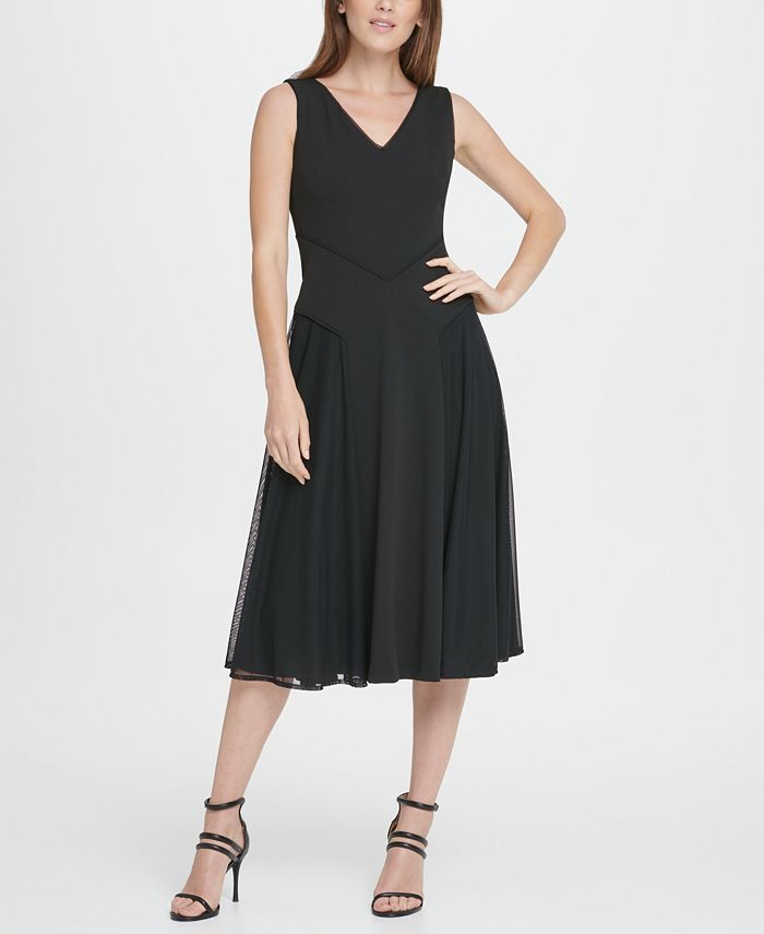 DKNY Women's Mesh Skirt MIDI Flare Dress Black Size 4