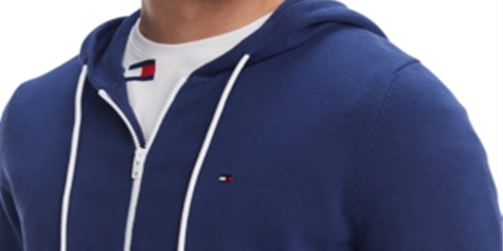 Tommy Hilfiger Men's Full Zip Hooded Sweater, Blue Depths Size Medium