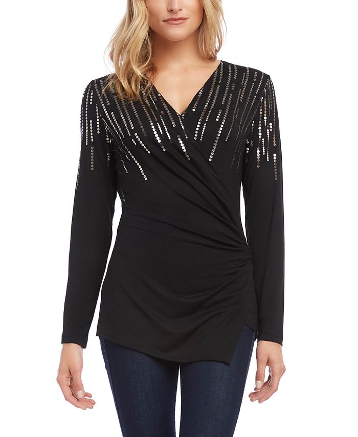 Karen Kane Women's Sequin Print Wrap Top Black Size X-Large