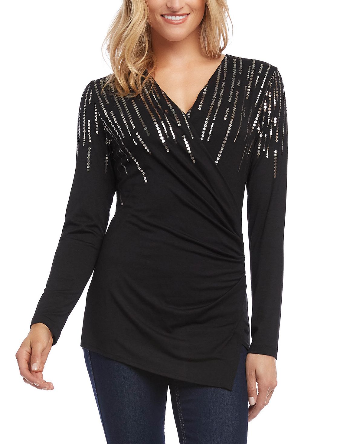 Karen Kane Women's Sequin Print Wrap Top Black Size X-Large