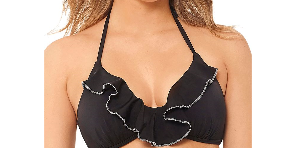 Salt + Cove Women's Juniors' Silver-Trimmed Push-Up Ruffled Bikini Top Black Size Medium