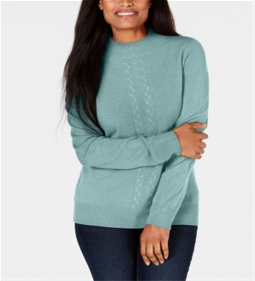 Karen Scott Women's Cable Front Mock Neck Sweater Blue Size Large
