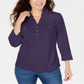 Karen Scott Women's 3/4 Sleeve Polo Shirt Purple Size Petite S