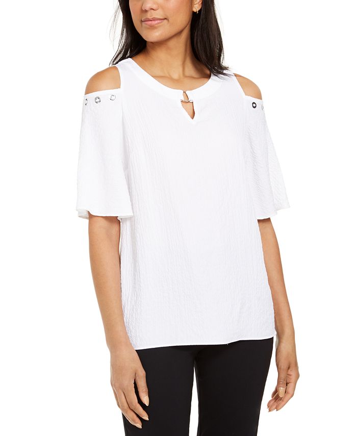 JM Collection Women's Crinkle Texture Cold Shoulder Blouse White Size Medium