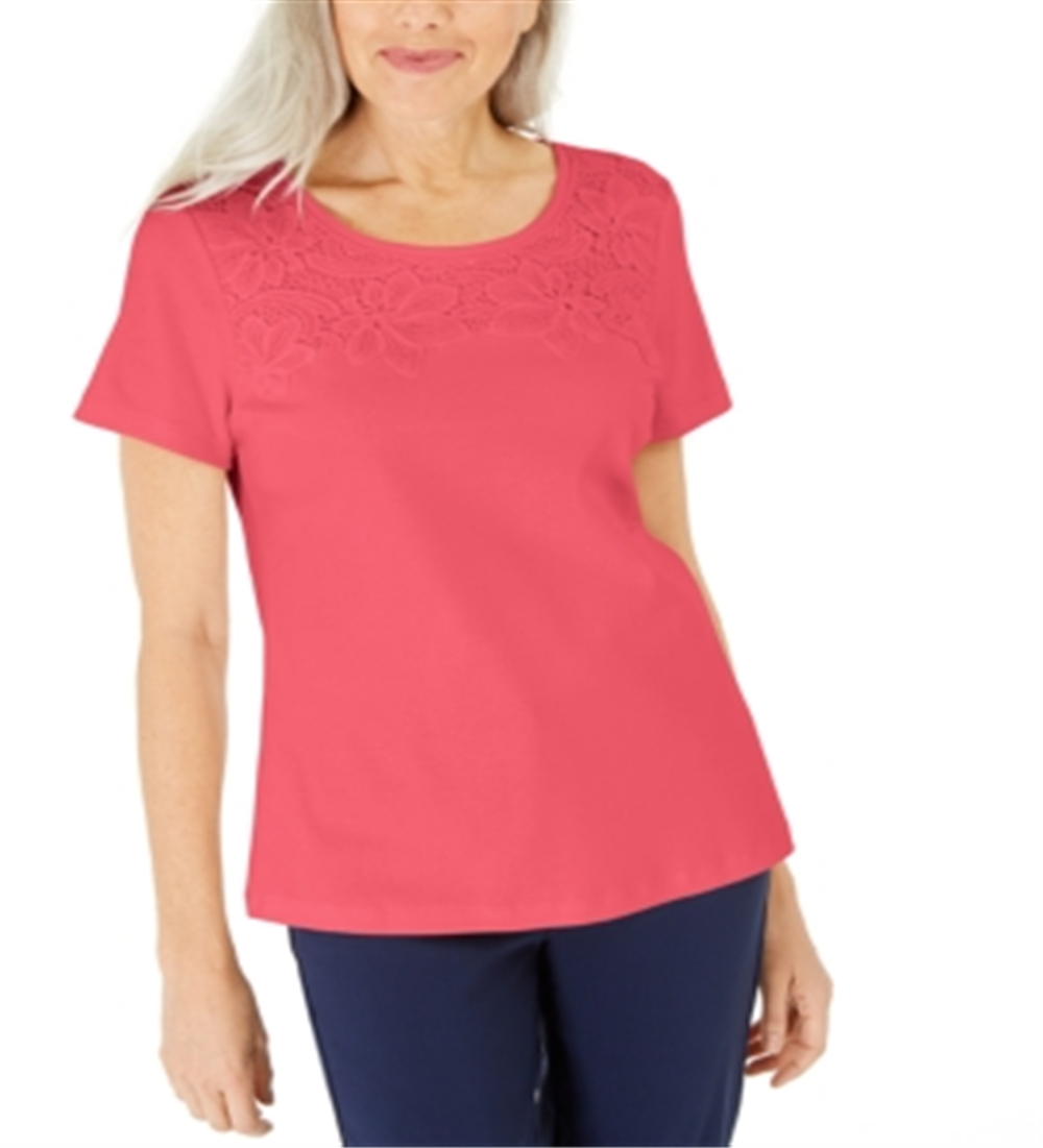 Karen Scott Women's Cotton Crochet Front Top Coral Size Medium