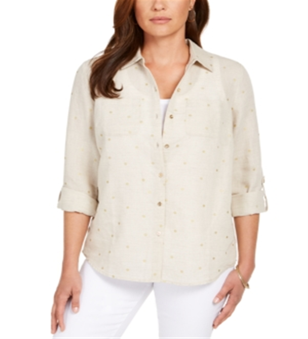 Charter Club Women's Linen Foiled Dot Shirt Brown Size -Petite L