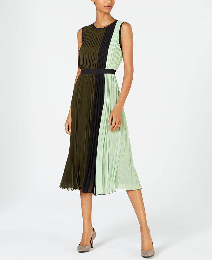 Alfani Women's Colorblocked Pleated MIDI Dress Green Size 6 Petite
