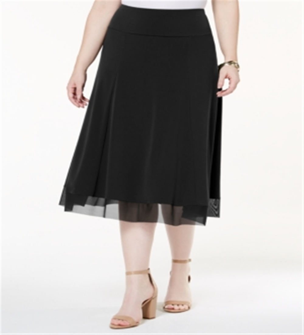JM Collection Women's Plus Mesh Hem MIDI Skirt Black Size 3X