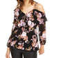 INC International Concepts Women's Floral Print Ruffled Cold Shoulder Top Black Size X-Small