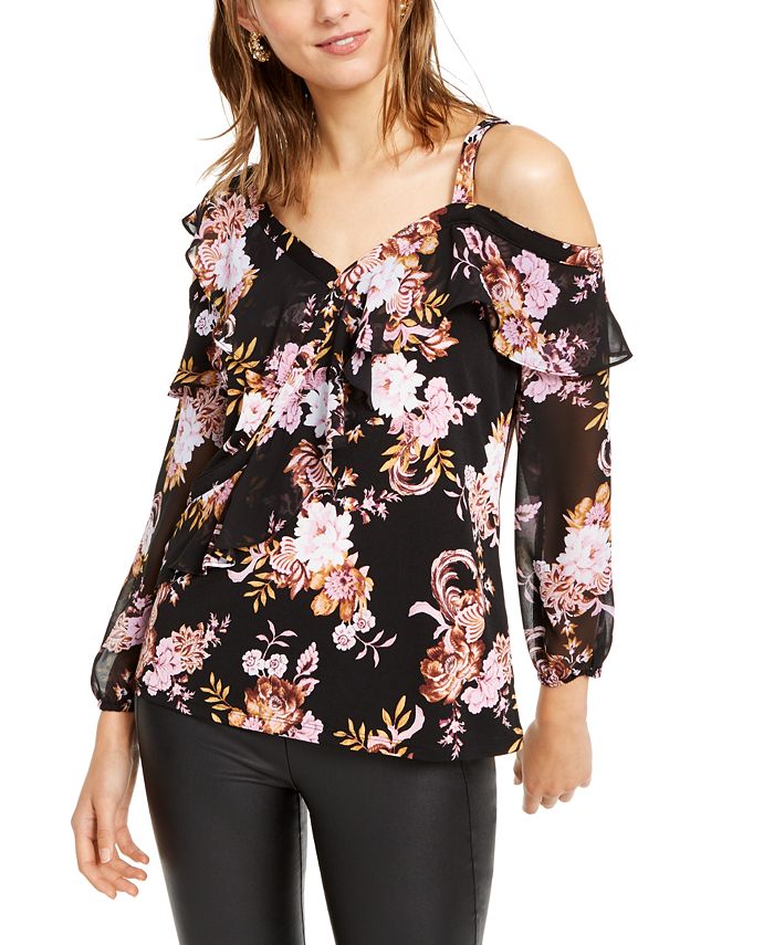 INC International Concepts Women's Floral Print Ruffled Cold Shoulder Top Black Size X-Small