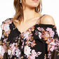 INC International Concepts Women's Floral Print Ruffled Cold Shoulder Top Black Size X-Small