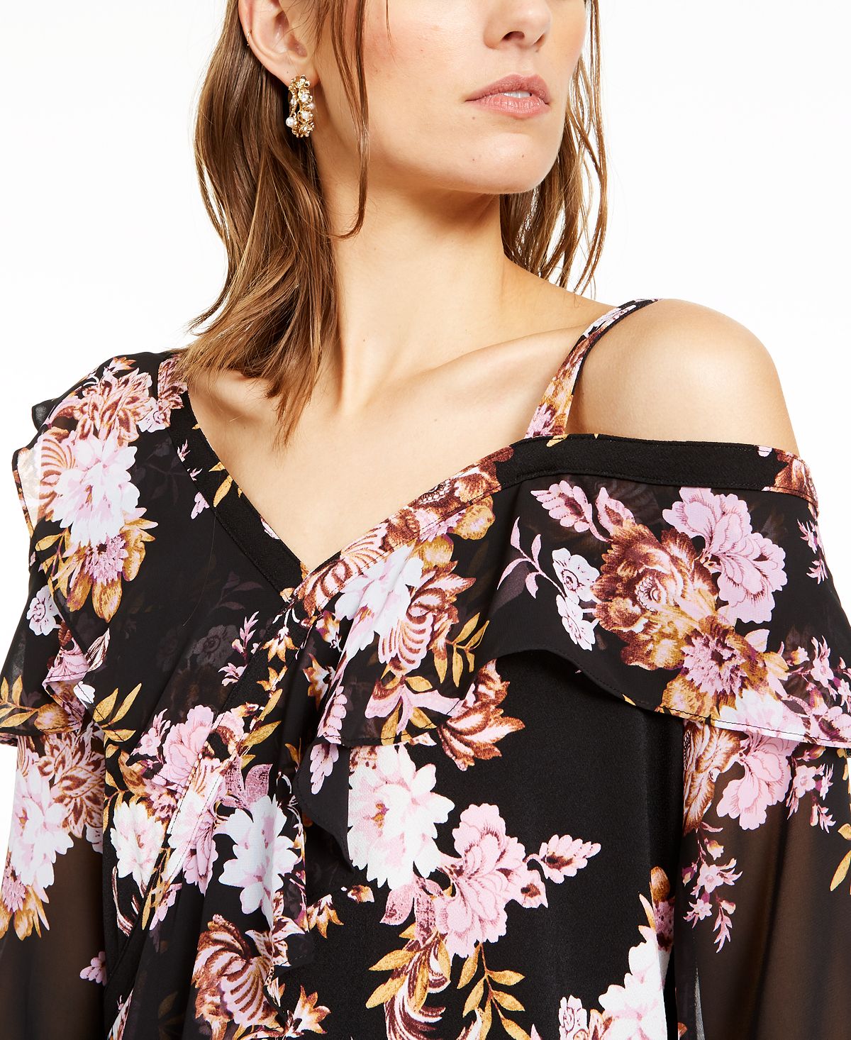 INC International Concepts Women's Floral Print Ruffled Cold Shoulder Top Black Size X-Small