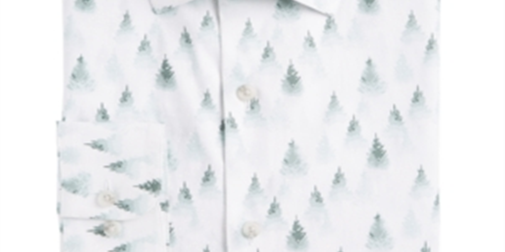 Bar III Men's Stretch Snowy Forest Print Dress Shirt Green Size 14X14