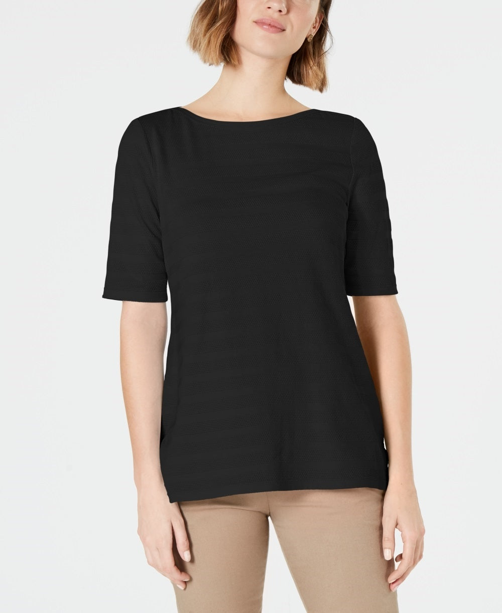 Charter Club Women's Cotton Texture Striped Elbow Sleeve Top Black Size X-Large