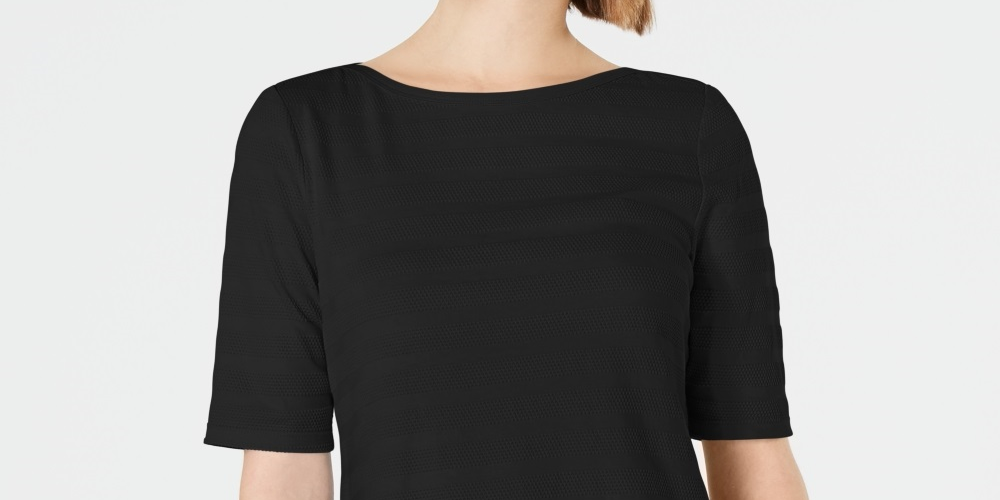 Charter Club Women's Cotton Texture Striped Elbow Sleeve Top Black Size X-Large
