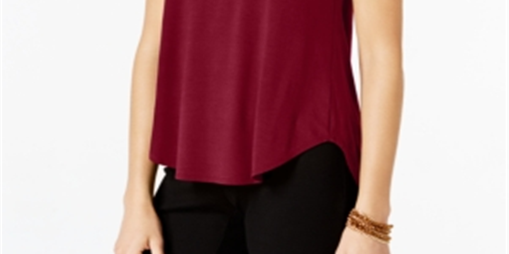 Alfani Women's Satin Trim High Low T-Shirt Maroon Size Petite XL