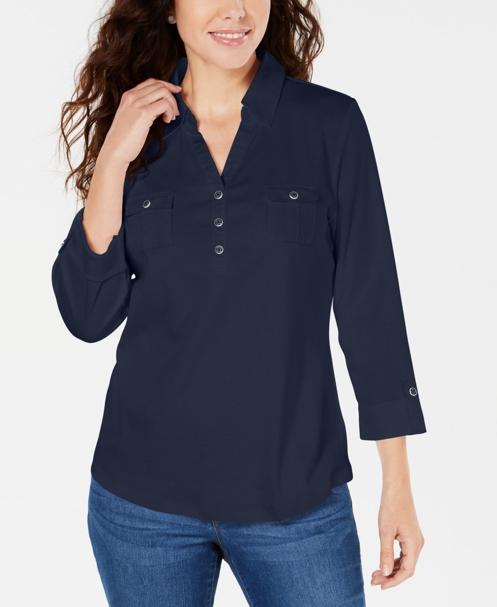 Karen Scott Women's Petite 3/4-Sleeve Polo Shirt  Navy Size Petite Small