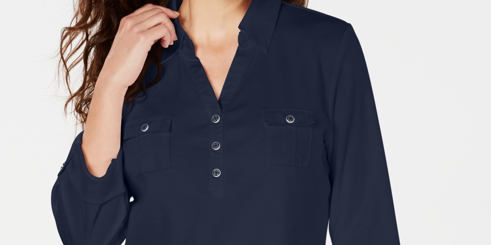 Karen Scott Women's Petite 3/4-Sleeve Polo Shirt  Navy Size Petite Small