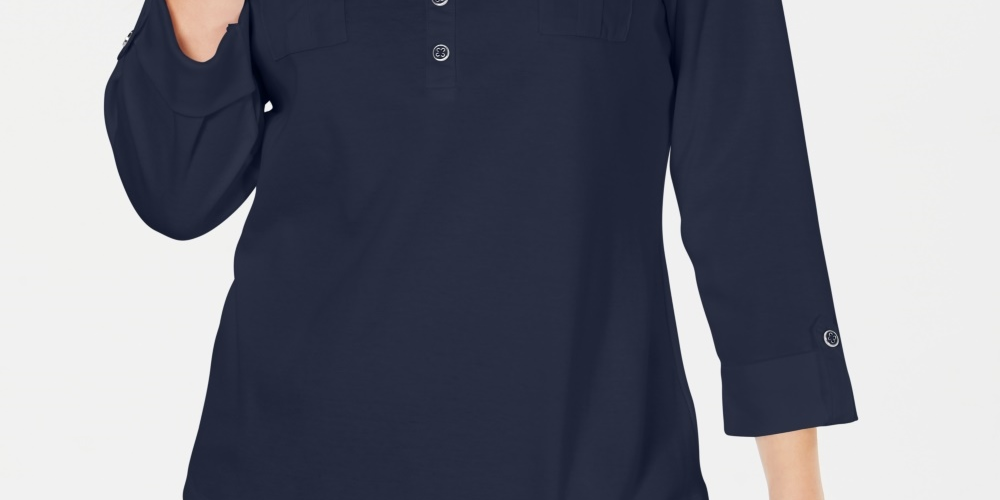 Karen Scott Women's Petite 3/4-Sleeve Polo Shirt  Navy Size Petite Small