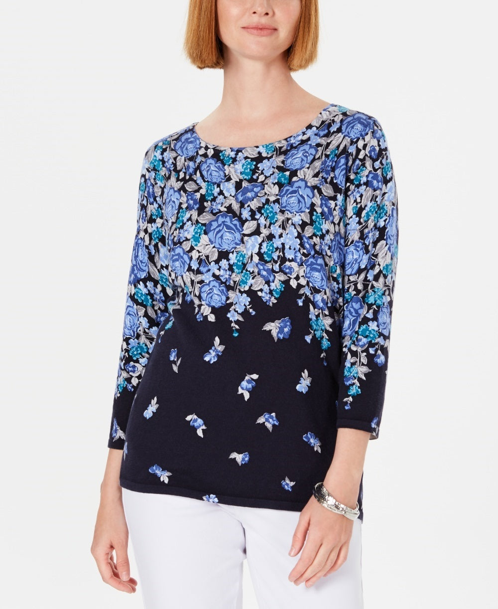 Karen Scott Women's Printed 3/4-Sleeve Sweater  Navy Size Petite Medium