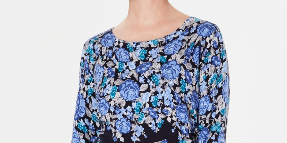 Karen Scott Women's Printed 3/4-Sleeve Sweater  Navy Size Petite Medium