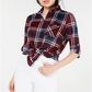 Polly & Esther Junior's Plaid Roll Tab Shirt Maroon Combo Size Small