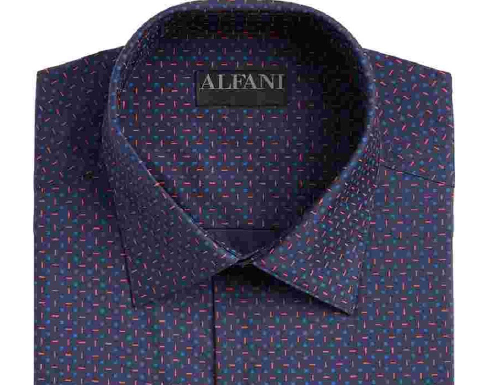 Alfani Men's Printed Collared Slim Fit Stretch Dress Shirt Navy Size 16.5X32-33