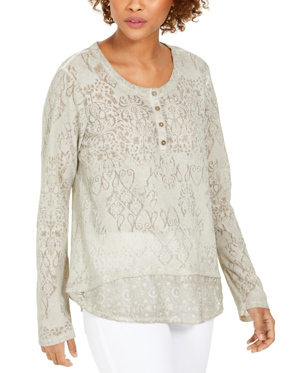 Style & Co Women's Lace Henley Top Gray Size Small